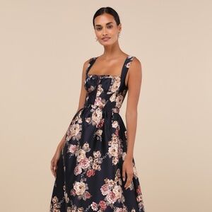 Lulus Elegant Pick Navy Blue Floral Sleeveless Bustier Maxi Dress - Size M